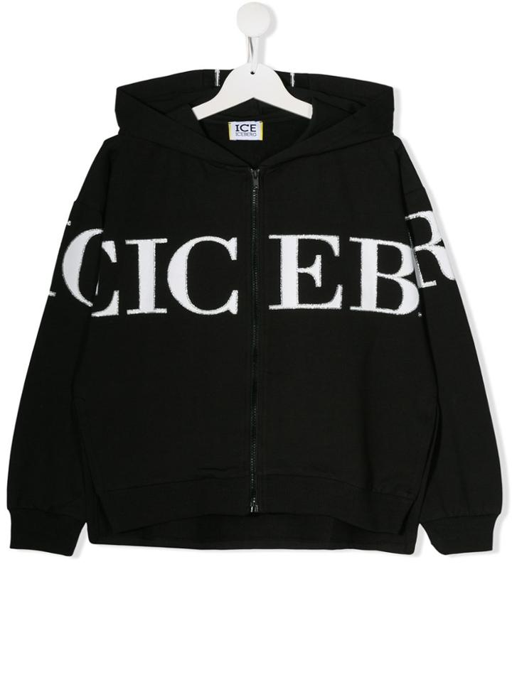 Iceberg Kids Glitter Detail Logo Print Hoodie - Black