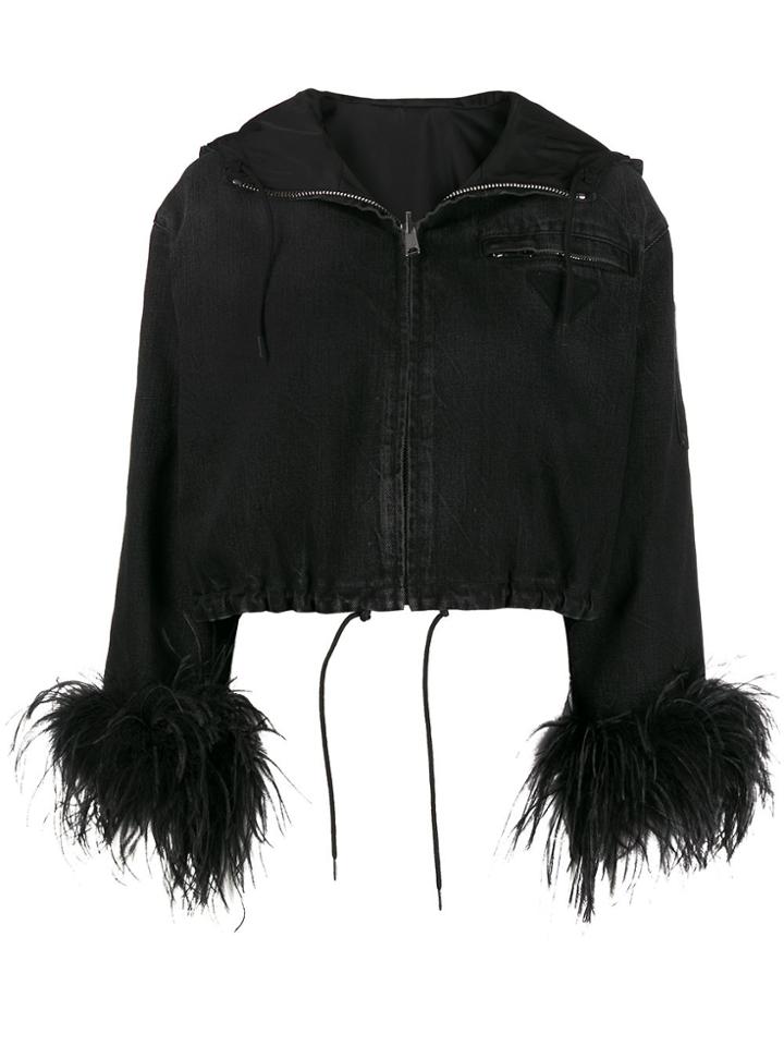 Prada Feather Trim Denim Jacket - Black