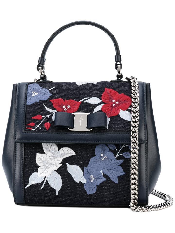 Salvatore Ferragamo - Floral Embroidered Denim Vara Bag - Women - Leather/cotton - One Size, Blue, Leather/cotton