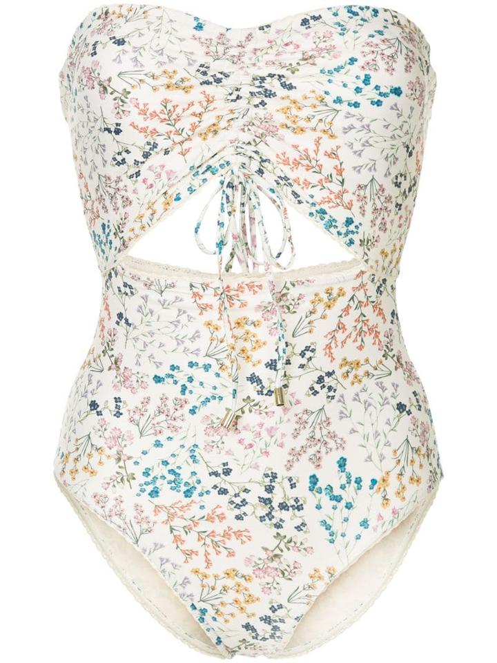 Peony Ruched Wild Flower Print Swimsuit - Neutrals