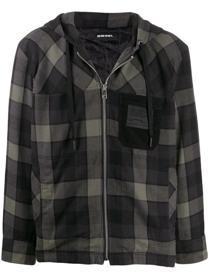 Diesel Hooded Check Print Jacket - Blue