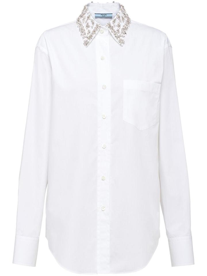 Prada Crystal Collar Poplin Blouse - White