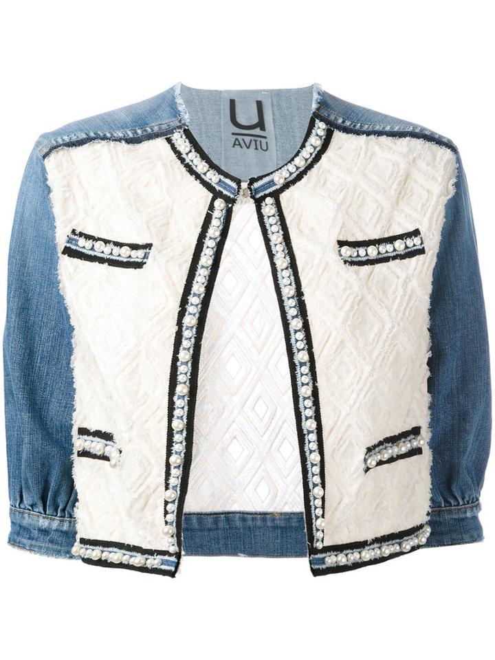 Aviù - Pearl Trim Denim Jacket - Women - Cotton/polyamide/polyester/spandex/elastane - S, Blue, Cotton/polyamide/polyester/spandex/elastane