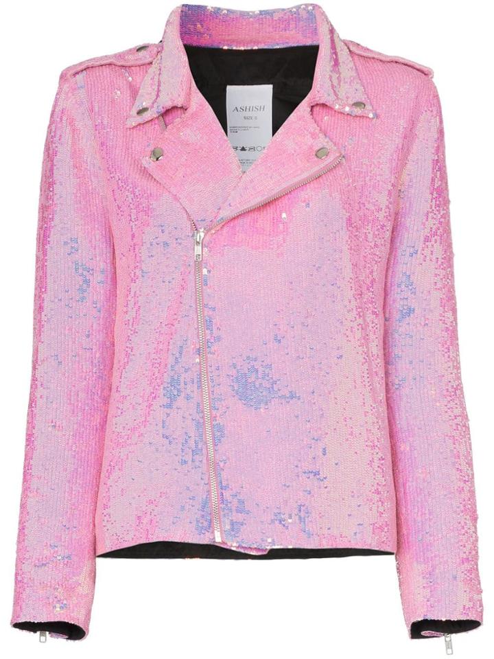 Ashish Sequin Back Slogan Biker Jacket - Pink