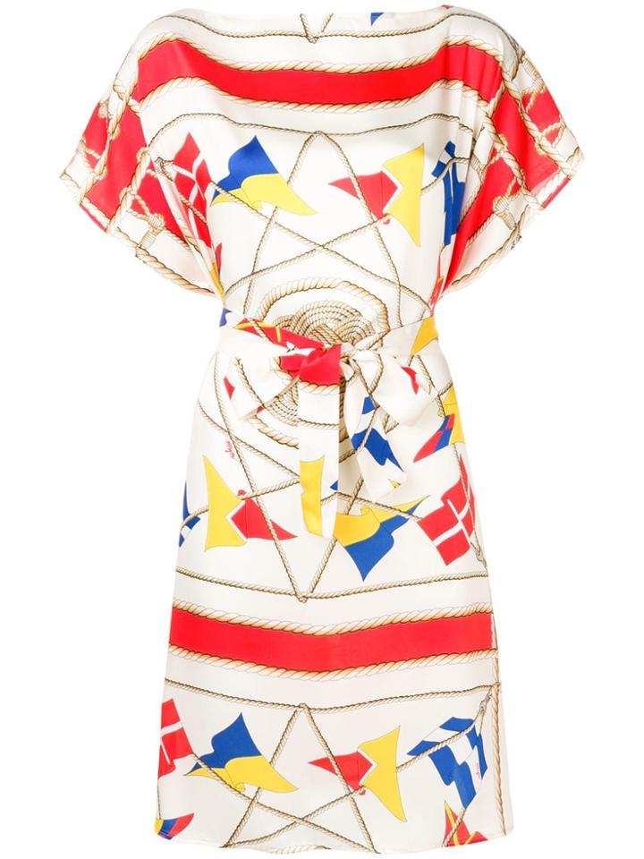Msgm Nautical Print Belted Midi Dress - Neutrals