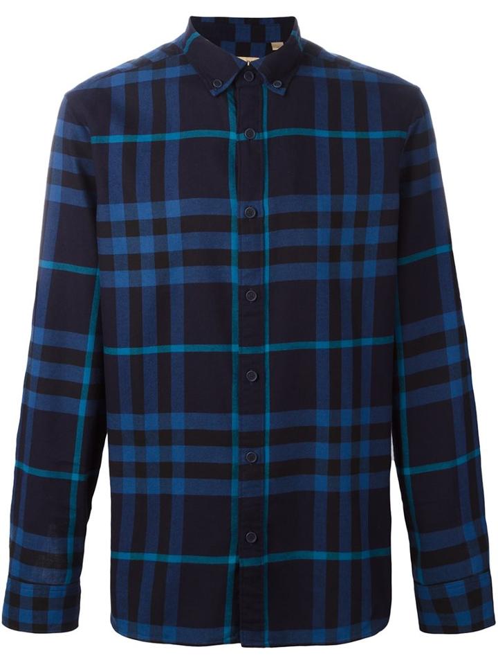 Burberry Checked Shirt, Men's, Size: Large, Blue, Cotton
