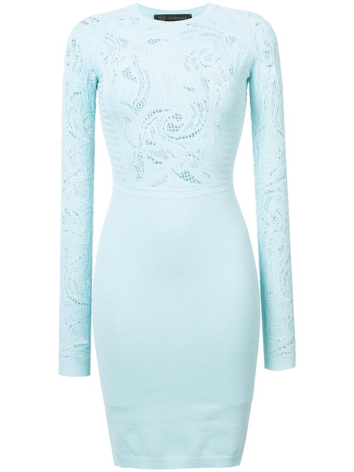 Versace - Embroidered Fitted Dress - Women - Polyester/viscose - 44, Blue, Polyester/viscose