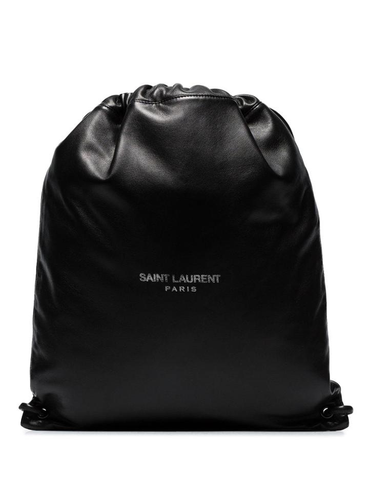 Saint Laurent Logo Print Drawstring Leather Backpack - Black