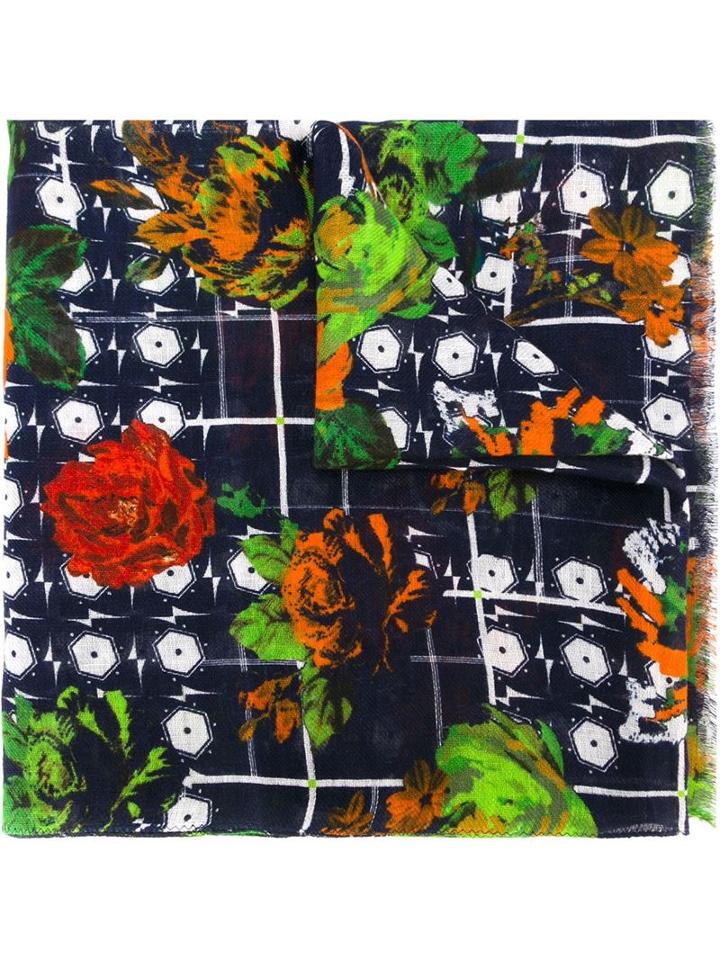 Etro Flower Print Scarf, Men's, Blue, Linen/flax