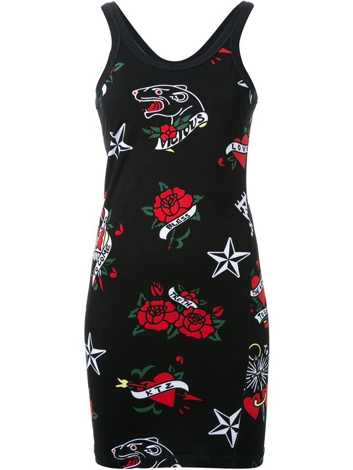 Ktz Tattoo Print Tank Dress, Women's, Size: Small, Black, Spandex/elastane/rayon