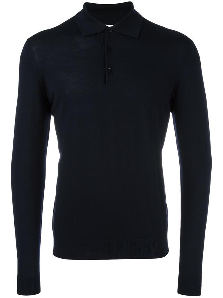 Fashion Clinic Long Sleeved Knitted Polo Shirt, Men's, Size: 48, Blue, Wool