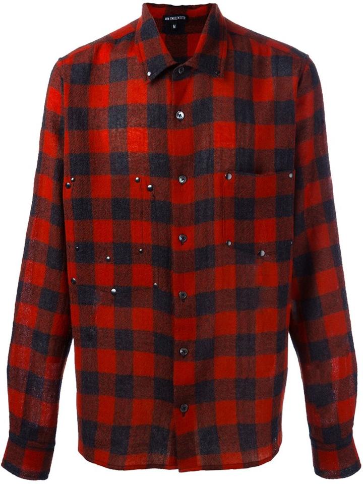 Ann Demeulemeester Plaid Button Down Shirt, Men's, Size: Medium, Black, Wool