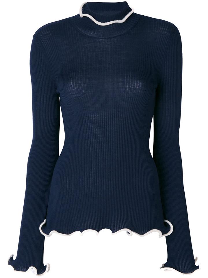 Stella Mccartney - Knit Ruffle Trim Top - Women - Cotton/virgin Wool - 42, Blue, Cotton/virgin Wool