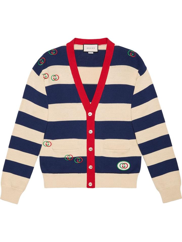Gucci Embroidered Striped Knit Cardigan - Blue