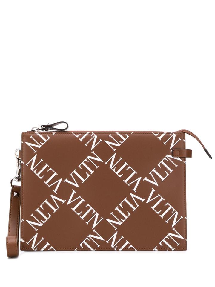 Valentino Logo Grid Flat Pouch - Brown