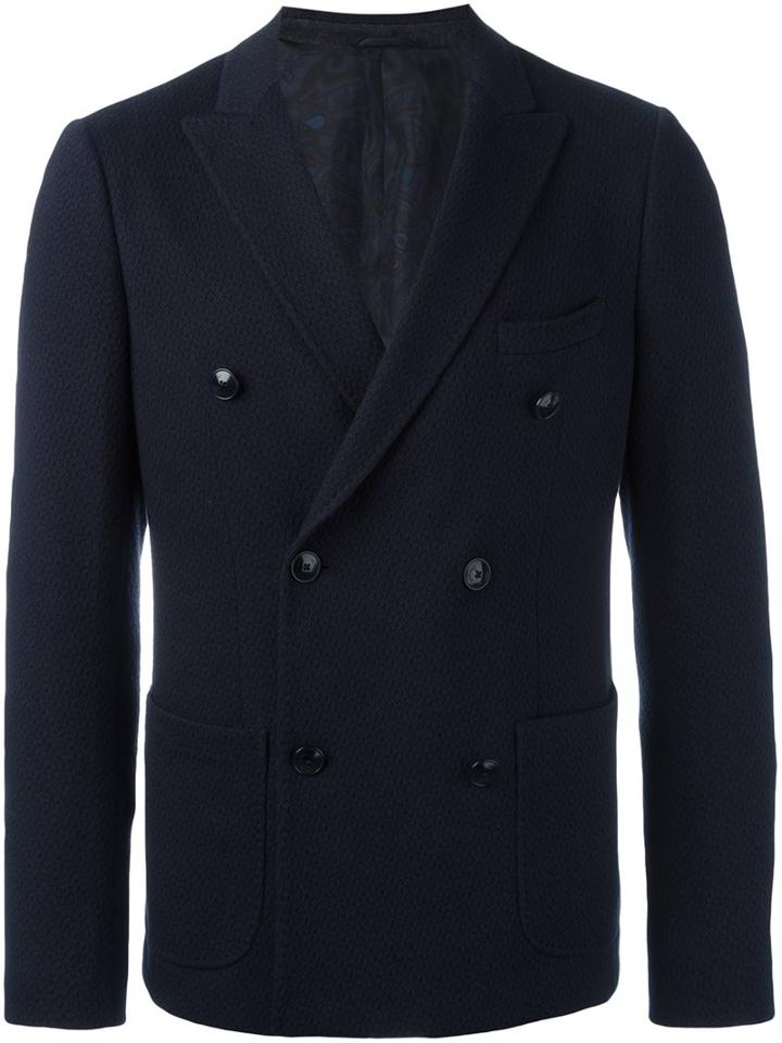 Etro Double Breasted Blazer, Men's, Size: 48, Blue, Silk/cotton/acetate/viscose