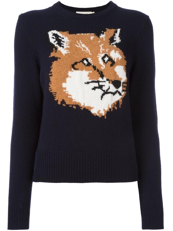 Maison Kitsuné 'fox' Motif Pullover, Women's, Size: Large, Blue, Lambs Wool