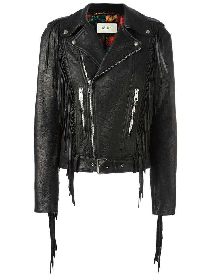Gucci Fringed Biker Jacket, Women's, Size: 40, Black, Leather/silk