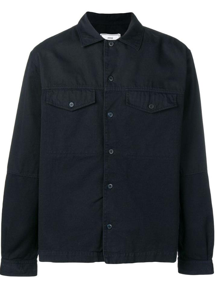 Ami Paris Camp Collar Bi Material Overshirt - Blue
