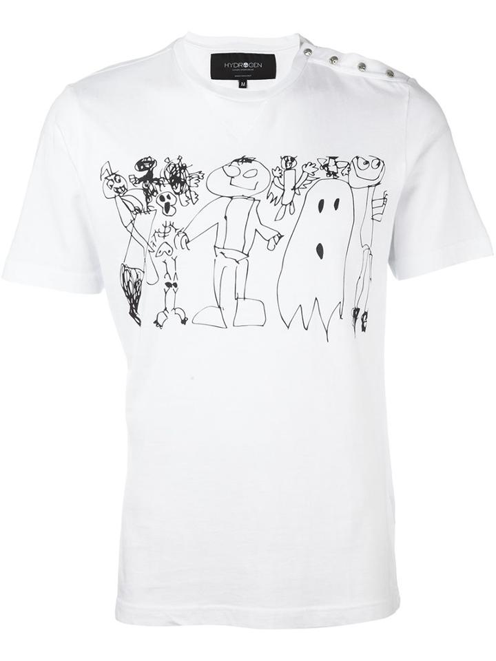 Hydrogen Drawing Print T-shirt, Men's, Size: Small, White, Cotton
