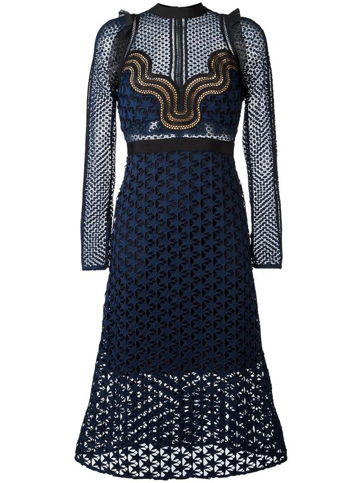 Self-portrait Cut-out Sheer Flared Dress, Women's, Size: 14, Blue, Polyester