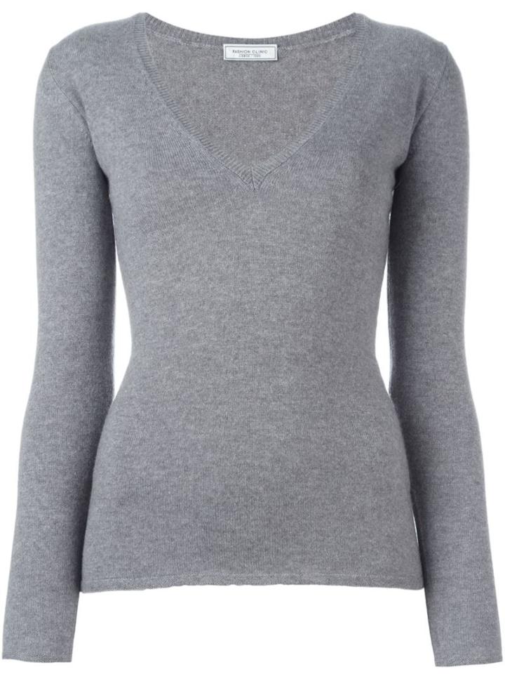 Fashion Clinic V-neck Knitted Top, Women's, Size: 46, Grey, Cashmere