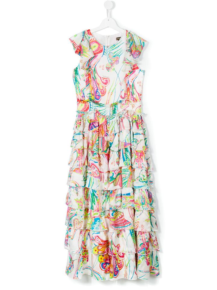Roberto Cavalli Kids Teen Printed Tiered Long Dress, Girl's, Size: 14 Yrs, White
