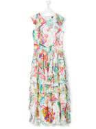 Roberto Cavalli Kids Teen Printed Tiered Long Dress, Girl's, Size: 14 Yrs, White