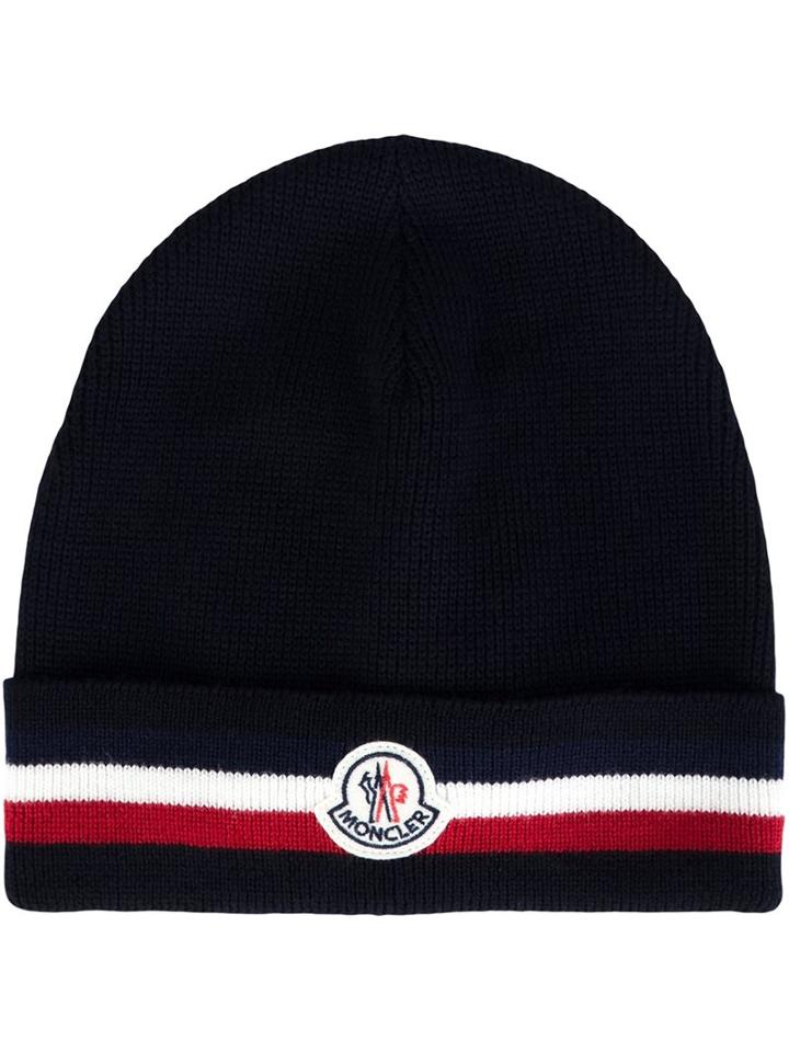Moncler Striped Trim Beanie, Men's, Blue, Virgin Wool
