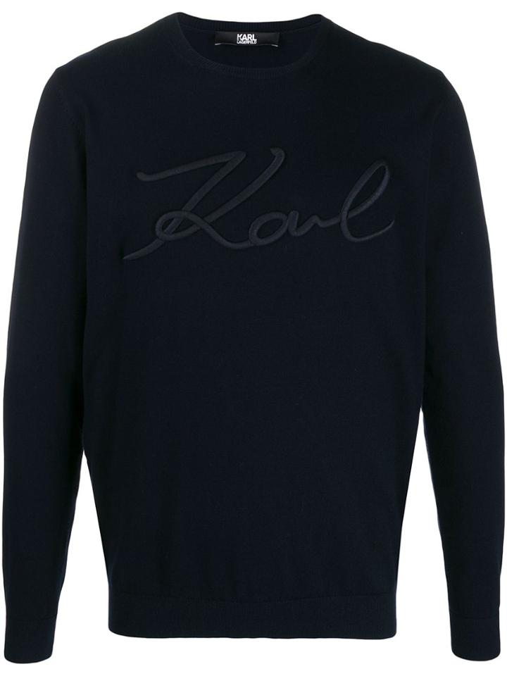 Karl Lagerfeld Signature Logo Crew Neck Sweater - Blue