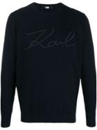 Karl Lagerfeld Signature Logo Crew Neck Sweater - Blue