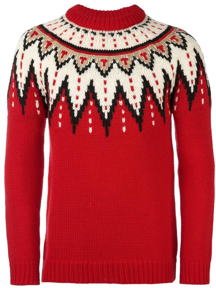Saint Laurent Jacquard Fair Isle Jumper, Men's, Size: Small, Red, Wool