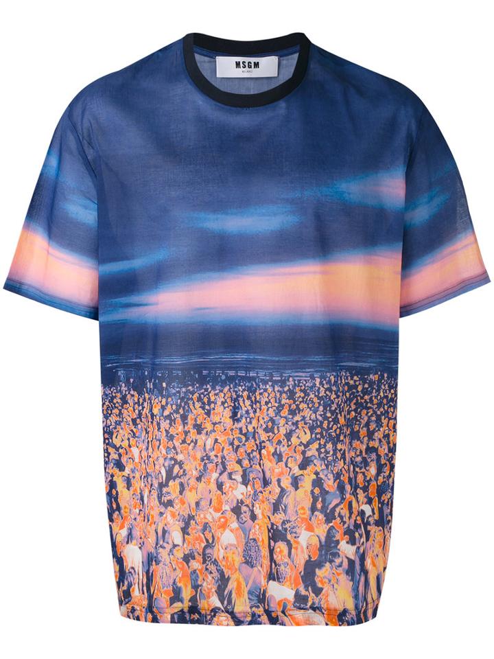 Msgm Printed T-shirt, Men's, Size: 46, Blue, Cotton