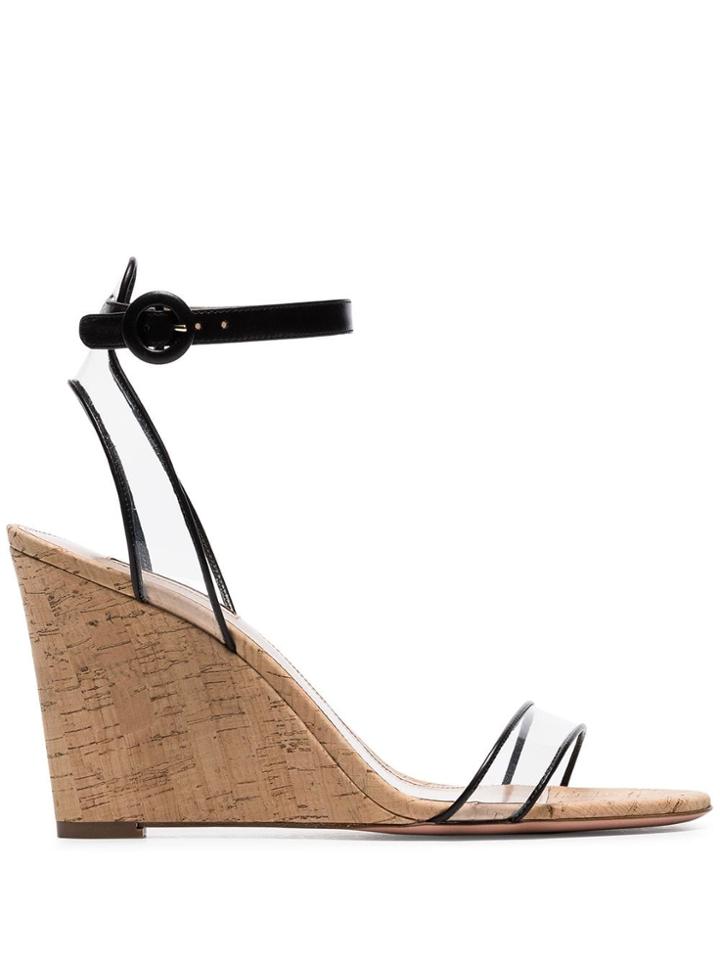 Aquazzura Black 85 Strappy Leather Wedge Sandals