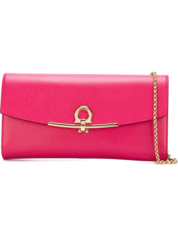 Salvatore Ferragamo Gancio Flap Clutch, Women's, Pink/purple, Calf Leather