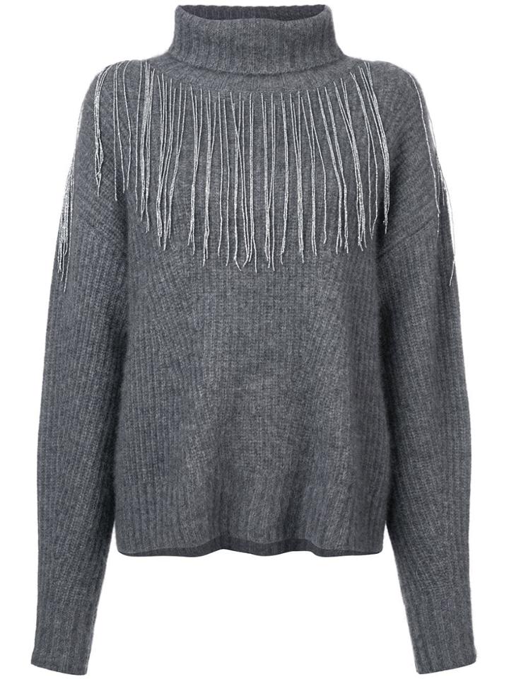 Sally Lapointe Rhinestrone Fringe Turtleneck Sweater - Grey