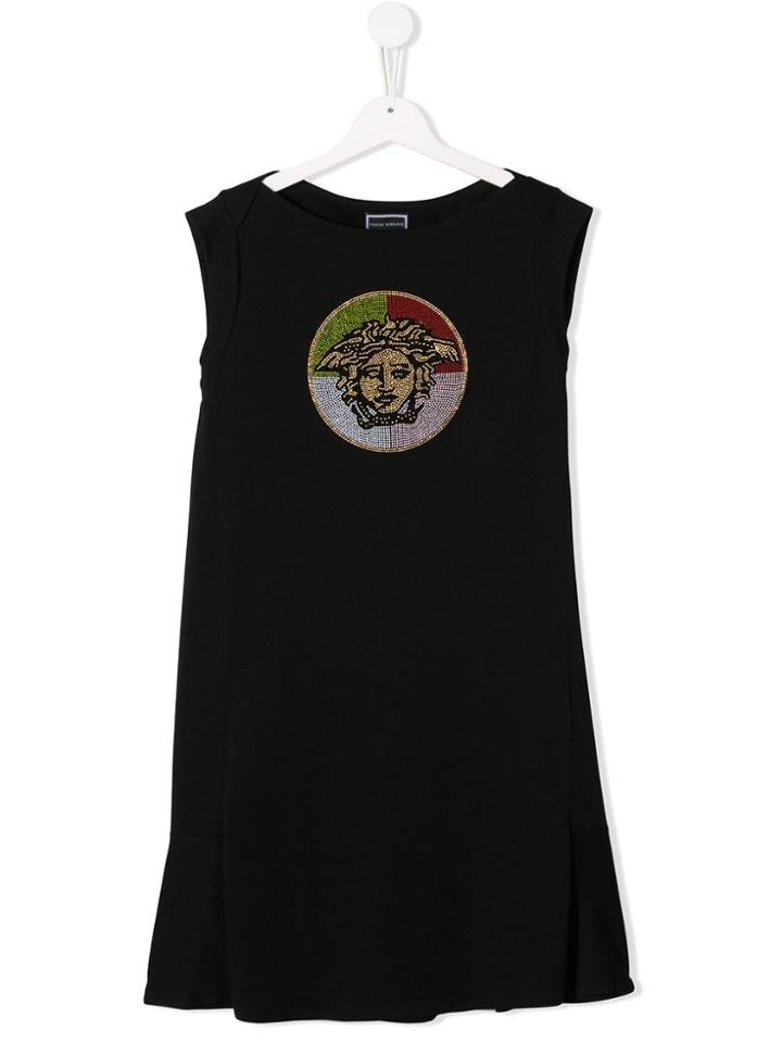 Young Versace Teen Rhinestone Medusa Shift Dress - Black