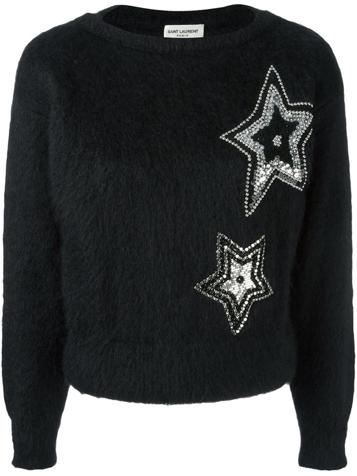 Saint Laurent Star Embroidered Textured Sweater, Women's, Size: Xs, Black, Nylon/polyamide/polyester/metal