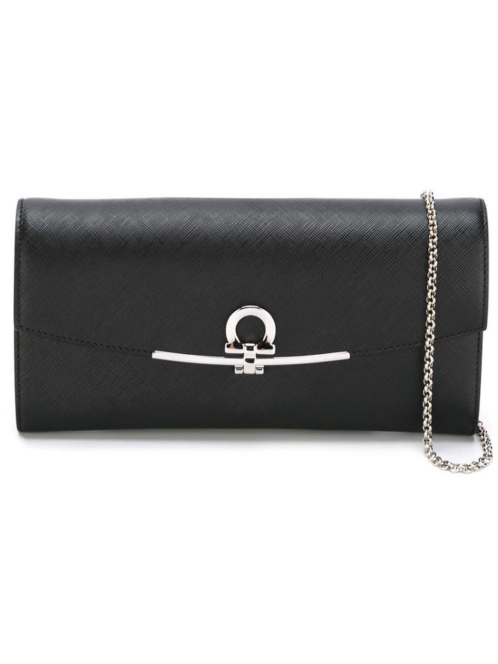 Salvatore Ferragamo - Gancio Flap Clutch - Women - Calf Leather - One Size, Women's, Black, Calf Leather