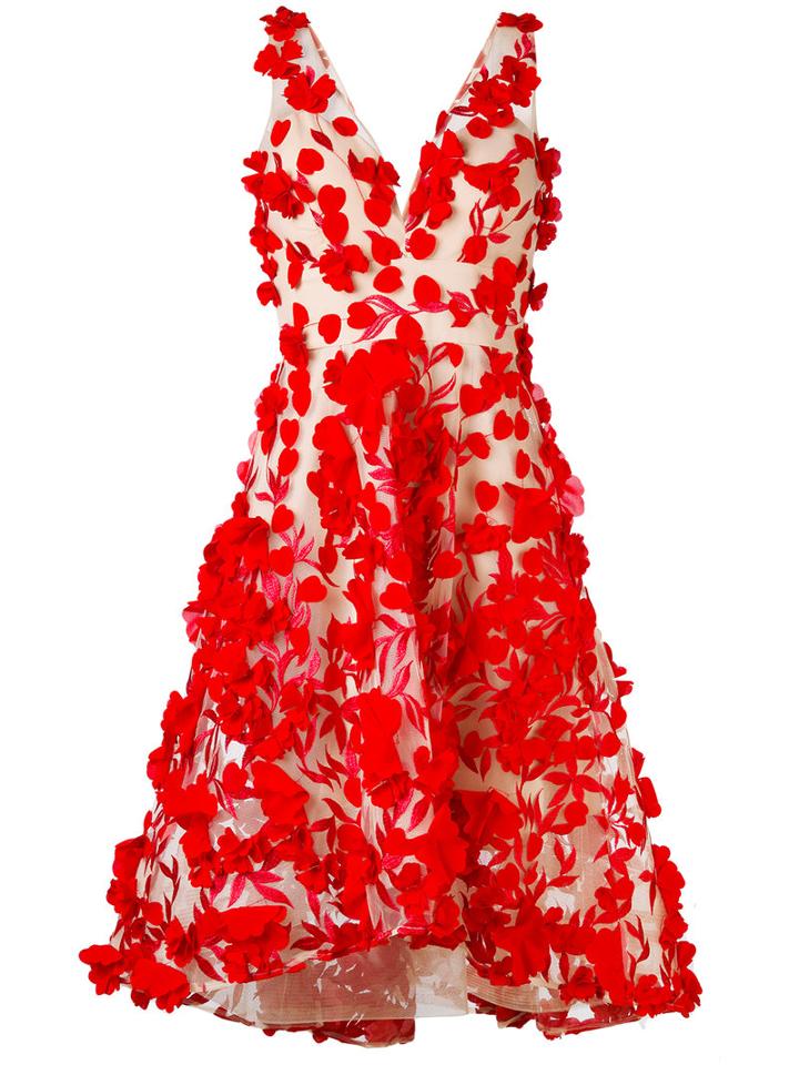 Marchesa Notte - Floral Appliqué Flared Dress - Women - Nylon/polyester - 6, Red, Nylon/polyester