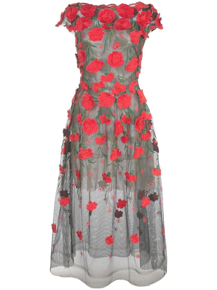 Oscar De La Renta Floral Appliqué Tulle Dress - Black