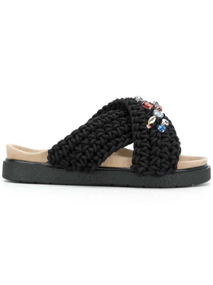 Inuiki Embellished Cross Strap Sandals - Black