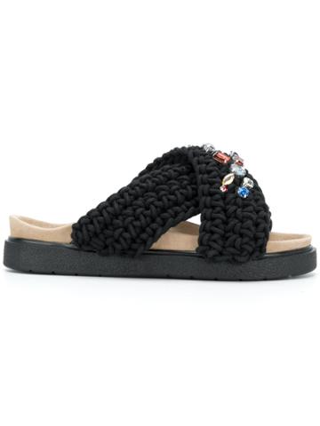 Inuiki Embellished Cross Strap Sandals - Black