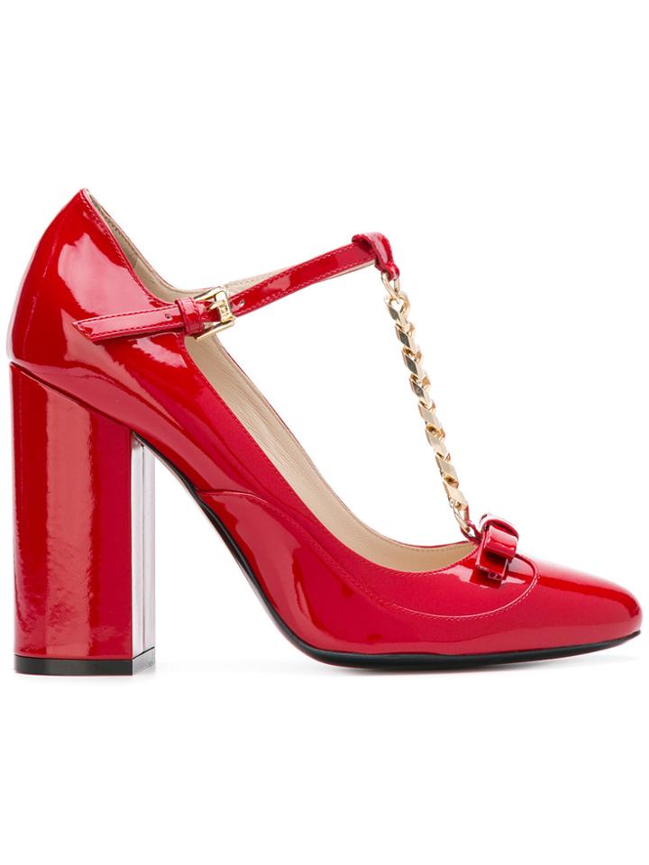No21 Chain-embellished T-bar Pumps - Red