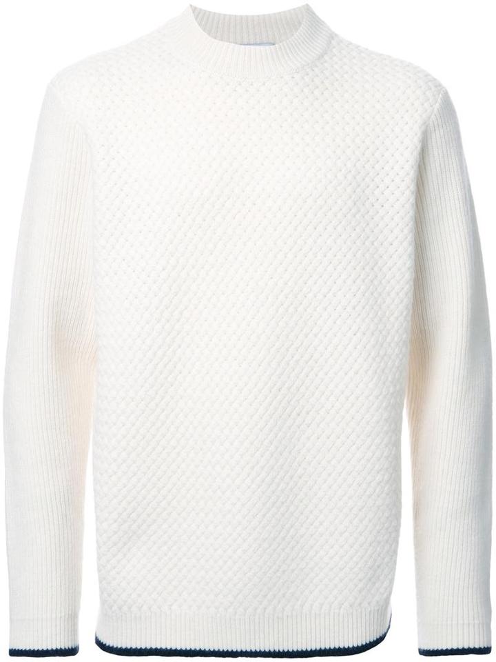 Factotum Waffle Knit Contrast Trim Jumper, Men's, Size: 48, White, Wool