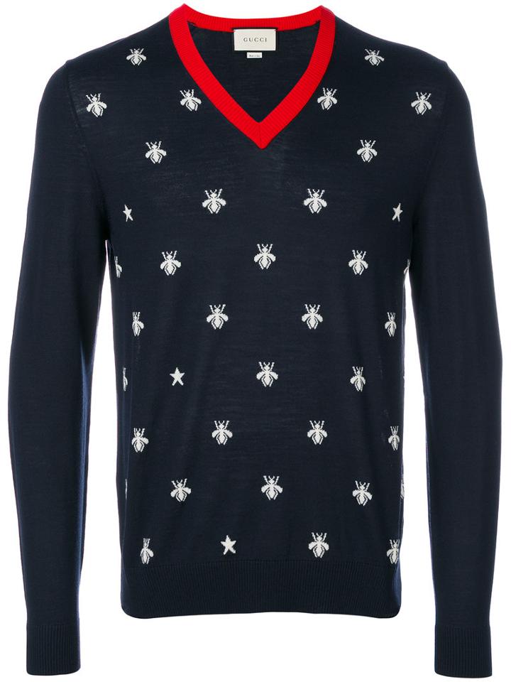 Gucci - Bee And Star Jumper - Men - Wool - Xl, Blue, Wool