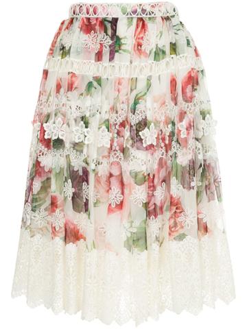 Dolce & Gabbana Peony Print Midi Skirt - White