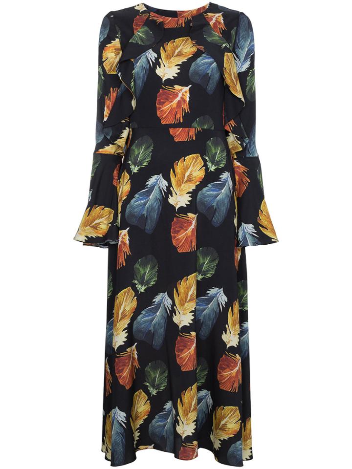 Navro Silk Midi Dress With Feather Print - Black
