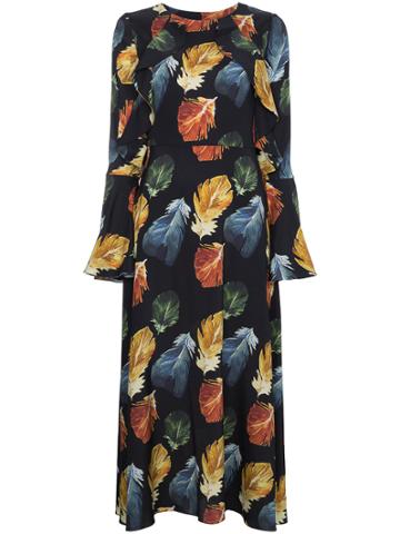 Navro Silk Midi Dress With Feather Print - Black