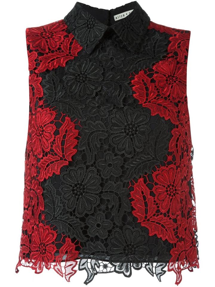 Alice+olivia Lace Sleeveless Blouse, Women's, Size: Large, Black, Polyester/spandex/elastane